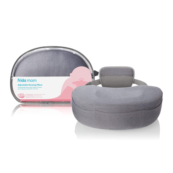 Showing grey pillow in package and pillow sitting up.